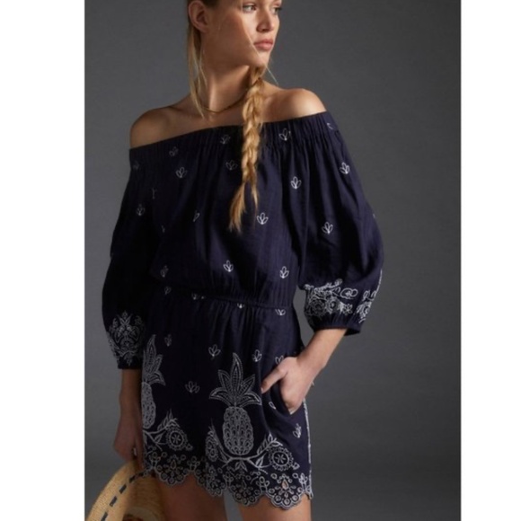 FARM Rio Navy and White Off-Shoulder Romper - Picture 1 of 3